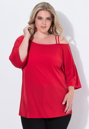 Rode off-shoulder top met brede mouwen en dubbele schouderbanden, gemaakt van gladde stof en heeft een relaxte pasvorm.
