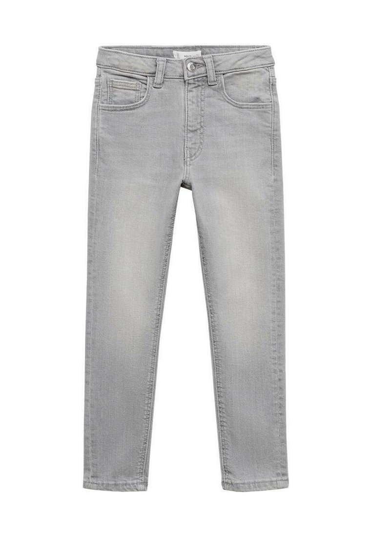 Sive jeans s slim krojem, z zankami za pas, sprednjimi žepi in zblodelim zaključkom ter subtilnim znojem na stegnih.