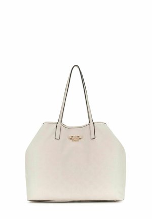 Sac fourre-tout en cuir beige avec doubles anses pour l'épaule et emblème logo doré sur le devant, forme rectangulaire structurée.