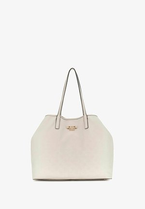 Sac fourre-tout en cuir beige avec doubles anses pour l'épaule et emblème logo doré sur le devant, forme rectangulaire structurée.