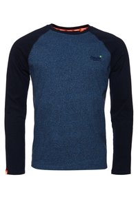 Langearm raglan shirt met een gemêleerde blauwe body, effen zwarte mouwen en een klein geborduurd logo op de linkerkant van de borst.