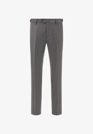 Graue, maßgeschneiderte Hose aus glattem Stoff mit subtiler Textur. Verfügt über einen flachen Bund, seitliche Taschen, Gürtelschlaufen und einen Knopfverschluss.