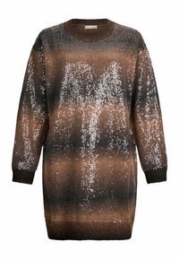 Maglione a maniche lunghe in gradiente marrone con paillettes nere e argento. Collo a girocollo a coste e polsini, presenta una vestibilità morbida e una texture delicata.