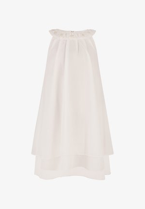 Weißes ärmelloses Kleid mit gerafftem Halsausschnitt, verziert mit kleinen Stoffblumen und einem fließenden, mehrlagigen Rock.