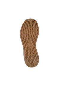 Semelle de chaussure en caoutchouc avec une surface texturée et à motifs de couleur brun clair, présentant une forme de diamant centrale et des contours pour une meilleure adhérence.