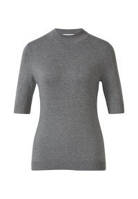 Szary sweter z krótkim rękawem, z prążkowanym wysokim dekoltem i wykończeniem. Gładka faktura, dopasowany krój oraz brak widocznych wzorów lub elementów metalowych.