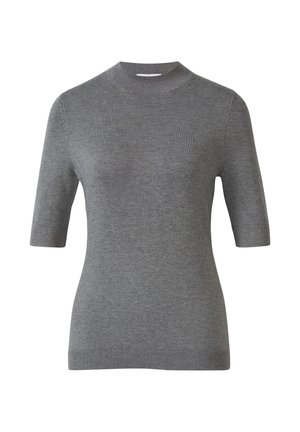 Szary sweter z krótkim rękawem, z prążkowanym wysokim dekoltem i wykończeniem. Gładka faktura, dopasowany krój oraz brak widocznych wzorów lub elementów metalowych.