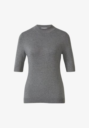 Szary sweter z krótkim rękawem, z prążkowanym wysokim dekoltem i wykończeniem. Gładka faktura, dopasowany krój oraz brak widocznych wzorów lub elementów metalowych.