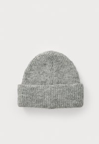 Gray knitted beanie hat with a ribbed texture and a turned-up cuff. Made of soft material, it features a simple, streamlined design.
