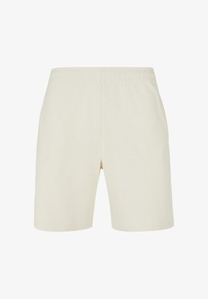 Beige Shorts mit elastischem Bund und simplem Design, ohne sichtbare Taschen oder Verzierungen, vor einem weißen Hintergrund präsentiert.