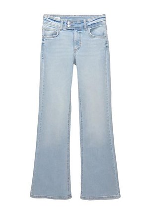 Jasnoniebieskie dżinsy w stylu dzwonów, wykonane z denimu, z pięcioma kieszeniami, z przodu z zapięciem na guzik i subtelnym wyblaknięciem na nogawkach.