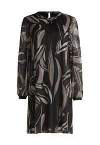 Sukienka z długim rękawem z przezroczystej czarnej tkaniny z abstrakcyjnymi wzorami liści w beżowym i brązowym kolorze. Posiada dekolt w kształcie łezki oraz marszczone detale.