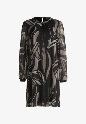 Langärmliges Kleid aus transparentem schwarzem Stoff mit abstrakten Blattmustern in Beige und Braun. Verfügt über einen Schlüsselloch-Ausschnitt und Raffungselemente.