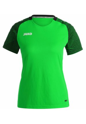 Maglietta sportiva verde con maniche corte a fantasia nera e scollatura tonda. Presenta il logo "JAKO" in bianco sulla parte anteriore.