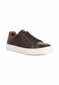 Dark brown leather sneaker with woven texture on the side, flat white rubber sole, and lace-up front. Smooth finish and subtle accents.