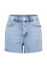 Shorts en denim bleu clair à taille haute, avec cinq poches et une fermeture à bouton. Présente une texture lisse et des jambes droites.