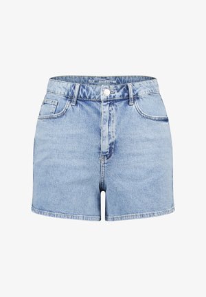 Lichtblauwe denim shorts met een hoge taille, vijf zakken en een knoopsluiting. Kenmerkt zich door een gladde textuur en rechte pijpen.