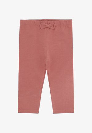 Leggings per bambini di colore rosa polveroso con elastico in vita e piccolo dettaglio a fiocco in tessuto al centro davanti, design semplice.