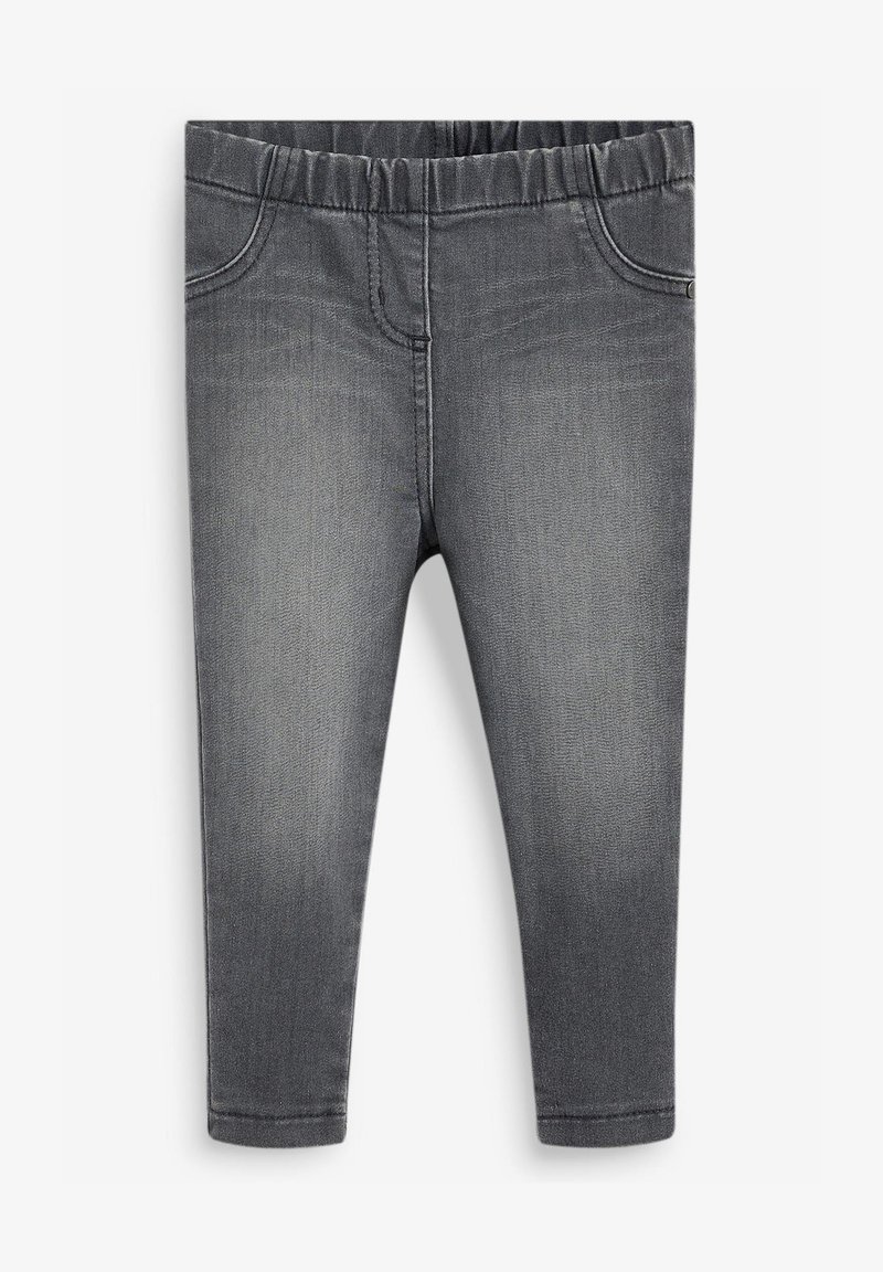 Leggings in denim grigio con vita elastica, caratterizzati da tasche finte e una texture liscia. Il tessuto mostra una leggera scoloritura.