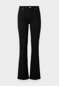 Zwarte high-waisted flared jeans met voor- en achterzakken, knoopsluiting en riemlussen, gepresenteerd op een witte achtergrond.