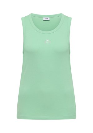 Débardeur côtelé sans manches vert menthe avec encolure ronde, petit logo palmier blanc et texte "BE KIND" sur la poitrine.