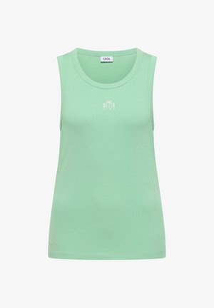 Débardeur côtelé sans manches vert menthe avec encolure ronde, petit logo palmier blanc et texte "BE KIND" sur la poitrine.