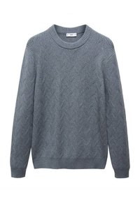 Szary sweter dziany z okrągłym dekoltem, z teksturowanym geometrycznym wzorem oraz ściągaczami na rękawach i dole. Miękka tkanina.
