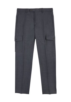 Pantalons cargo gris foncé en tissu texturé, dotés de deux poches latérales et d'une fermeture à bouton. Coupe droite avec un ajustement soigné.