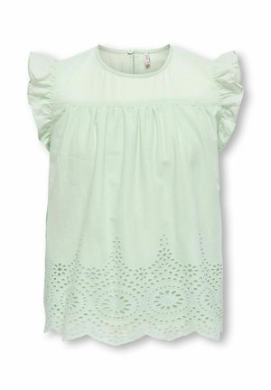 Világoszöld ujjatlan blúz fodros vállrésszel és virágmintás kivágott hímzéssel a hullámos szegély mentén.