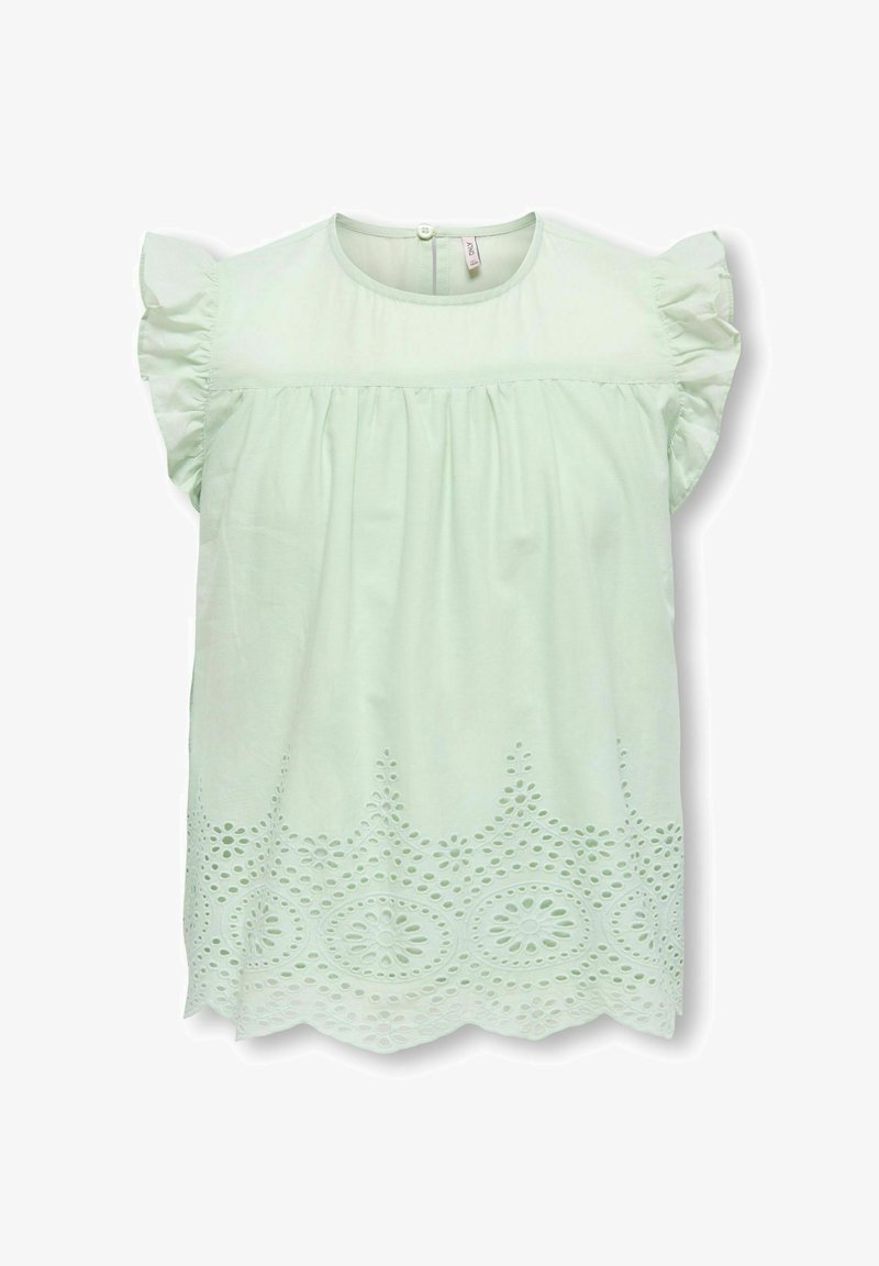 Blouse sans manches vert clair avec épaules à volants et broderie florale ajourée le long de l'ourlet festonné.