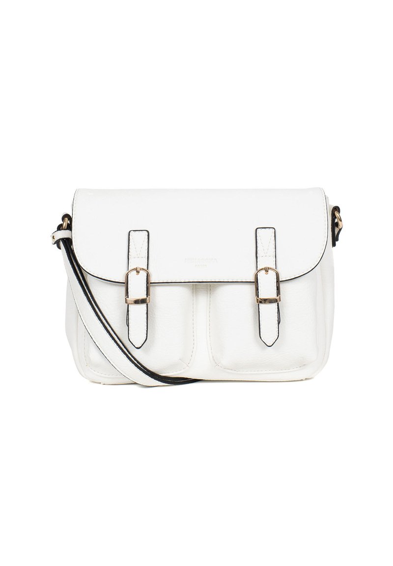 Borsa a tracolla bianca in pelle con patta, dotata di due tasche frontali, bordo nero e dettagli in hardware dorato. Include una tracolla regolabile.