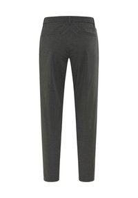 Donkere grijze broek met een gladde textuur, rechte snit, taps toelopende pijpen, twee achterzakken en een eenvoudig taillebandontwerp.