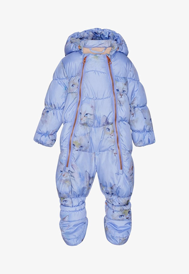 Combinaison de neige matelassée bleu clair pour bébé avec capuche, doubles fermetures éclair avant et motif subtil de visages de chatons sur l'ensemble.