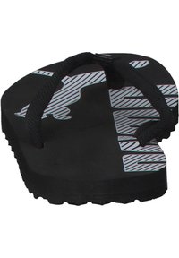 Infradito neri con suola in gomma textured, cinghie in tessuto nero e design a strisce bianco e blu chiaro sulla soletta.