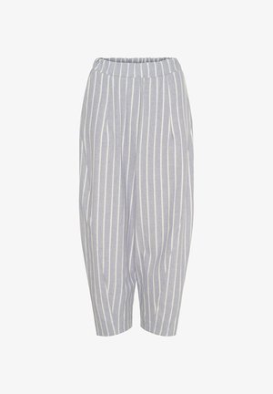 Lyseblå stribede bukser med elastisk talje, der har lodrette hvide striber, tapered ben og to sidelommer.