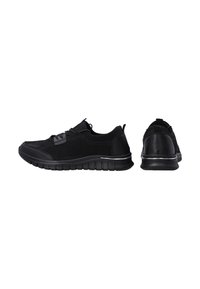 Sorte sneakers med overdel i ruskind og syntetisk materiale, med rund tå, snørebåndsdesign, tekstureret sål og en skinnende accent på mellemsålen.