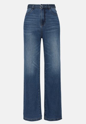 High-waisted, wide-leg blue denim jeans with a subtle faded finish, featuring a double-ring belt and classic five-pocket design.