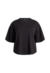 Juodas per didelis marškinėliai, pagaminti iš lygaus audinio, su apvalia iškirpte ir trumpomis plačiomis rankovėmis, laisvo kirpimo ir be matomų raštų.