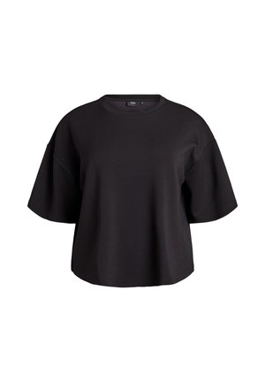 Crna oversized majica od glatkog materijala, s okruglim izrezom i kratkim širokim rukavima, opuštenog kroja bez vidljivih uzoraka.