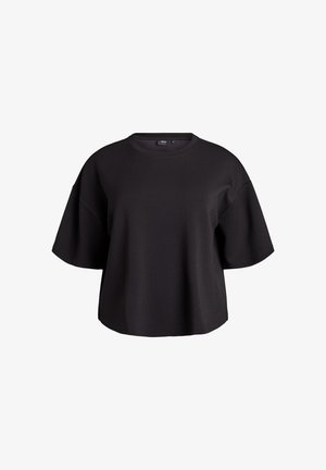 Maglietta nera over size realizzata in tessuto liscio, con collo rotondo e maniche corte e larghe, dal taglio rilassato e senza motivi visibili.