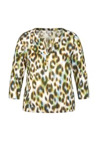 Leopardenmuster-Oberteil aus weichem Material, mit einem V-Ausschnitt und drei Viertelärmeln, in verschiedenen Grüntönen, Braun und Creme.