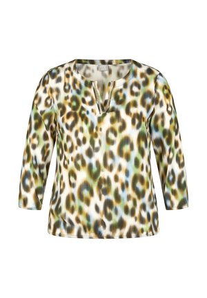 Leopardenmuster-Oberteil aus weichem Material, mit einem V-Ausschnitt und drei Viertelärmeln, in verschiedenen Grüntönen, Braun und Creme.