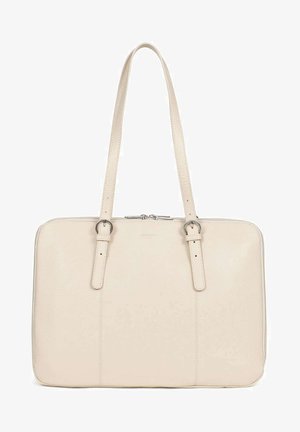 Beżowa skórzana torba na ramię z dwoma paskami, prostokątna forma, gładka faktura, zamknięcie na górze na zamek błyskawiczny, charakteryzuje się minimalistycznym wzornictwem i subtelnymi akcentami.