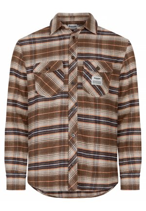 Camicia in flanella a quadri marrone con chiusura a bottoni, due tasche sul petto, dettagli arancioni e blu, e orlo curvo. Realizzata in tessuto testurizzato.