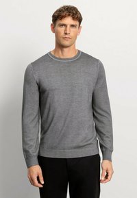 Grauer Rundhalsausschnitt-Pullover aus weichem Strickstoff, mit langen Ärmeln und geripptem Kragen und Bündchen, mit einer glatten Textur.