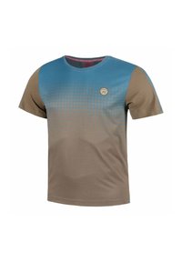 Camiseta de manga corta con una sección superior azul y una inferior marrón con un patrón degradado, cuello redondo y detalle de logo.