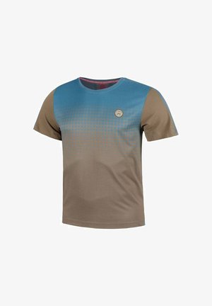 T-shirt à manches courtes présentant une section supérieure bleue et une section inférieure marron avec un motif dégradé, col rond et détail de logo.