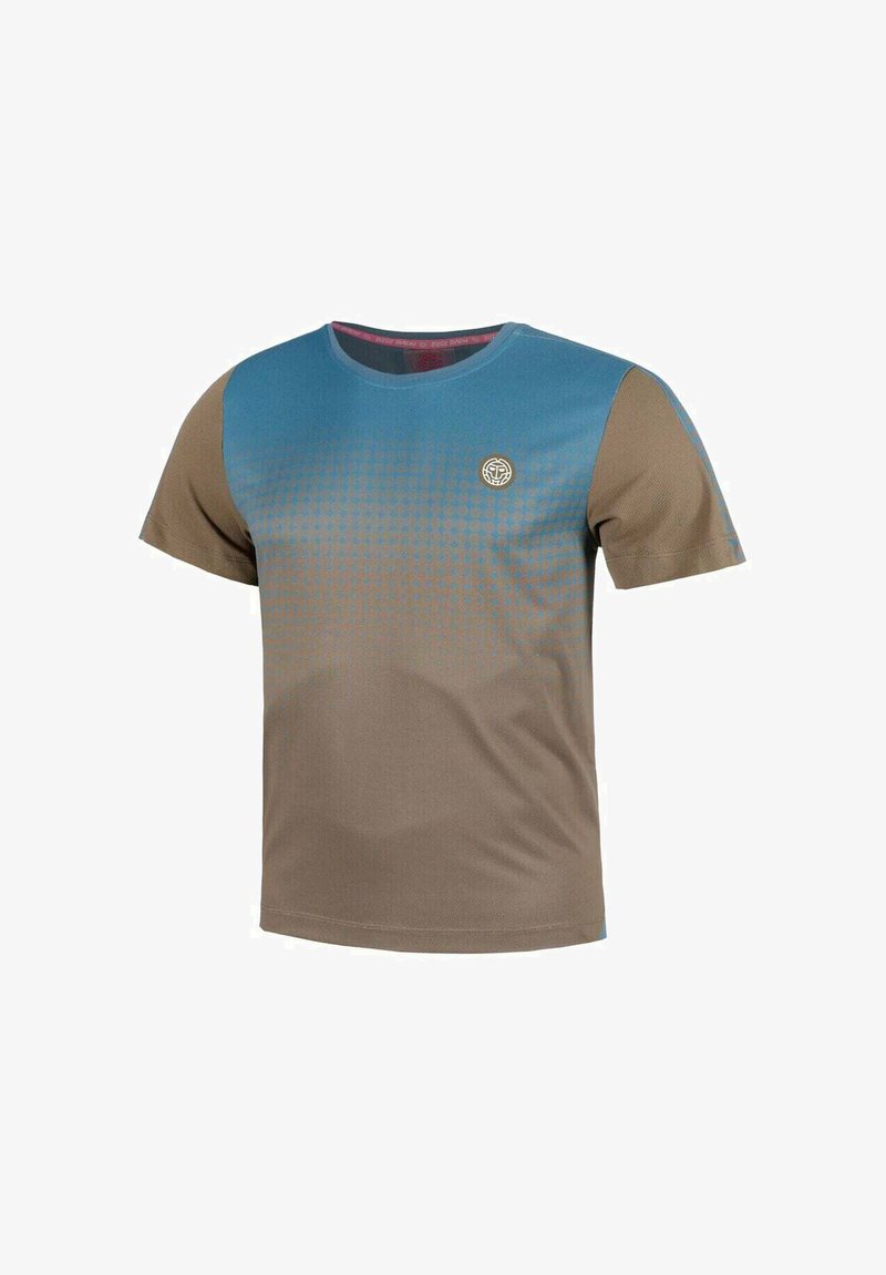 Camiseta de manga corta con una sección superior azul y una inferior marrón con un patrón degradado, cuello redondo y detalle de logo.