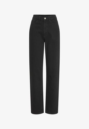 Mustad kõrge vöökohaga teksad, mis on valmistatud denimist, otse jala lõikega. Esiküljel on nööbisulgur, vööämbrid ja tavalised taskud.