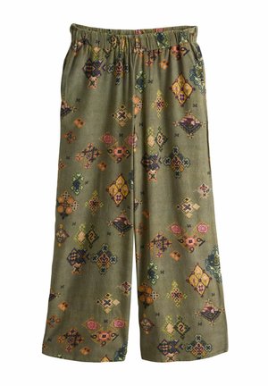Locker sitzende olivgrüne Hose mit elastischem Bund und bunten geometrischen sowie floralen Mustern, die über den Stoff verteilt sind.